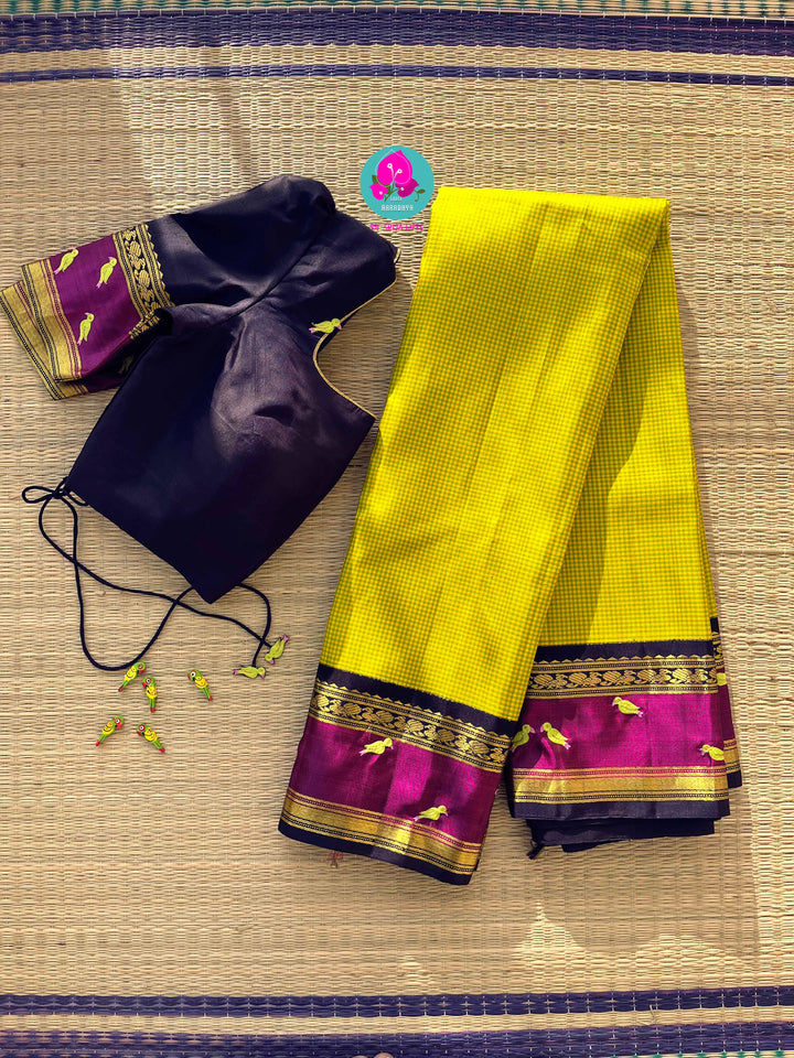 Hand embroidered handloom saree in pure Kanchipattu yellow checks with blouse