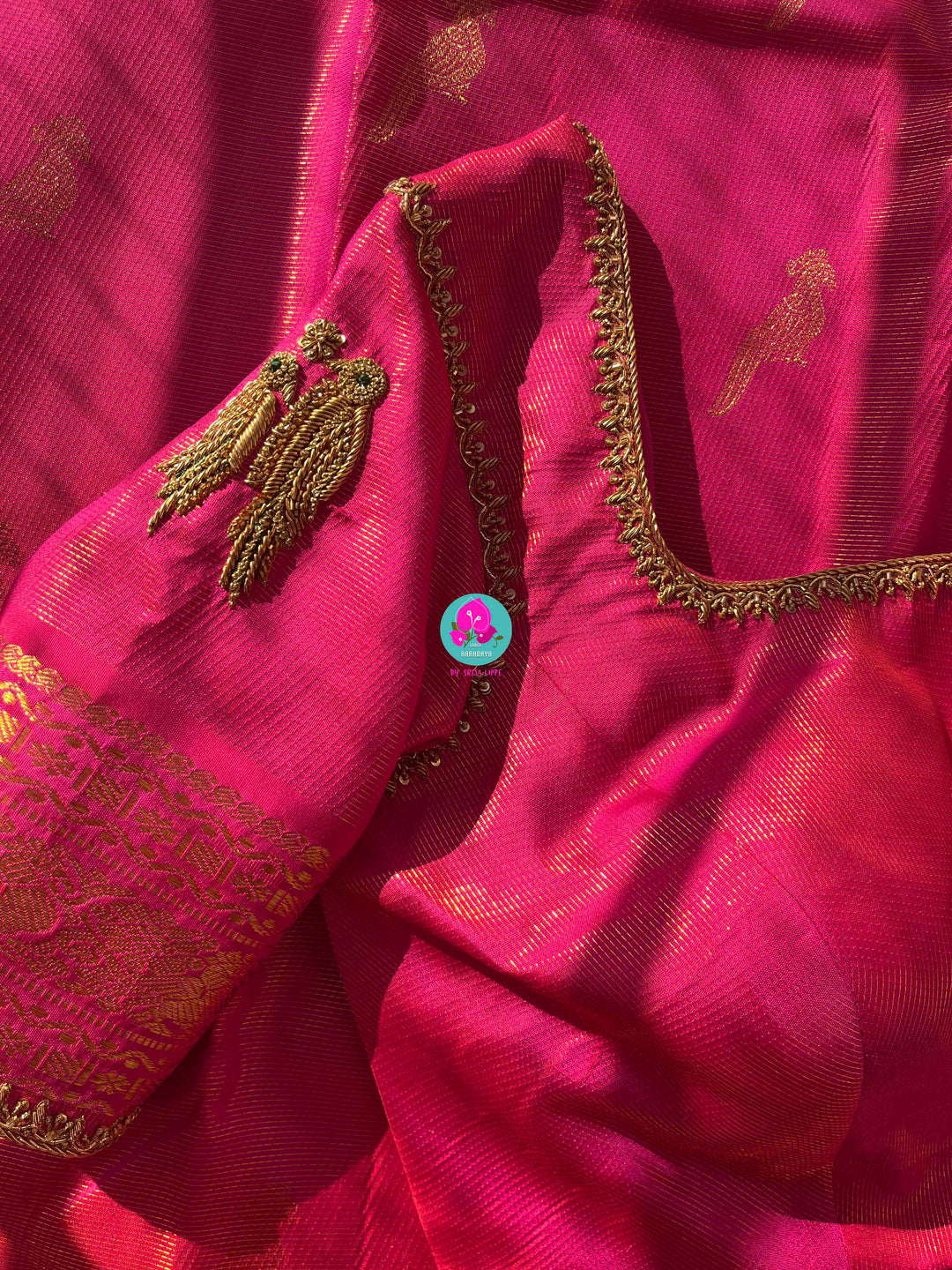 Natu Gulabi Radiance: Vaira Oosi Kanchipattu Saree with Hand-Embroidered Bird Motif Blouse