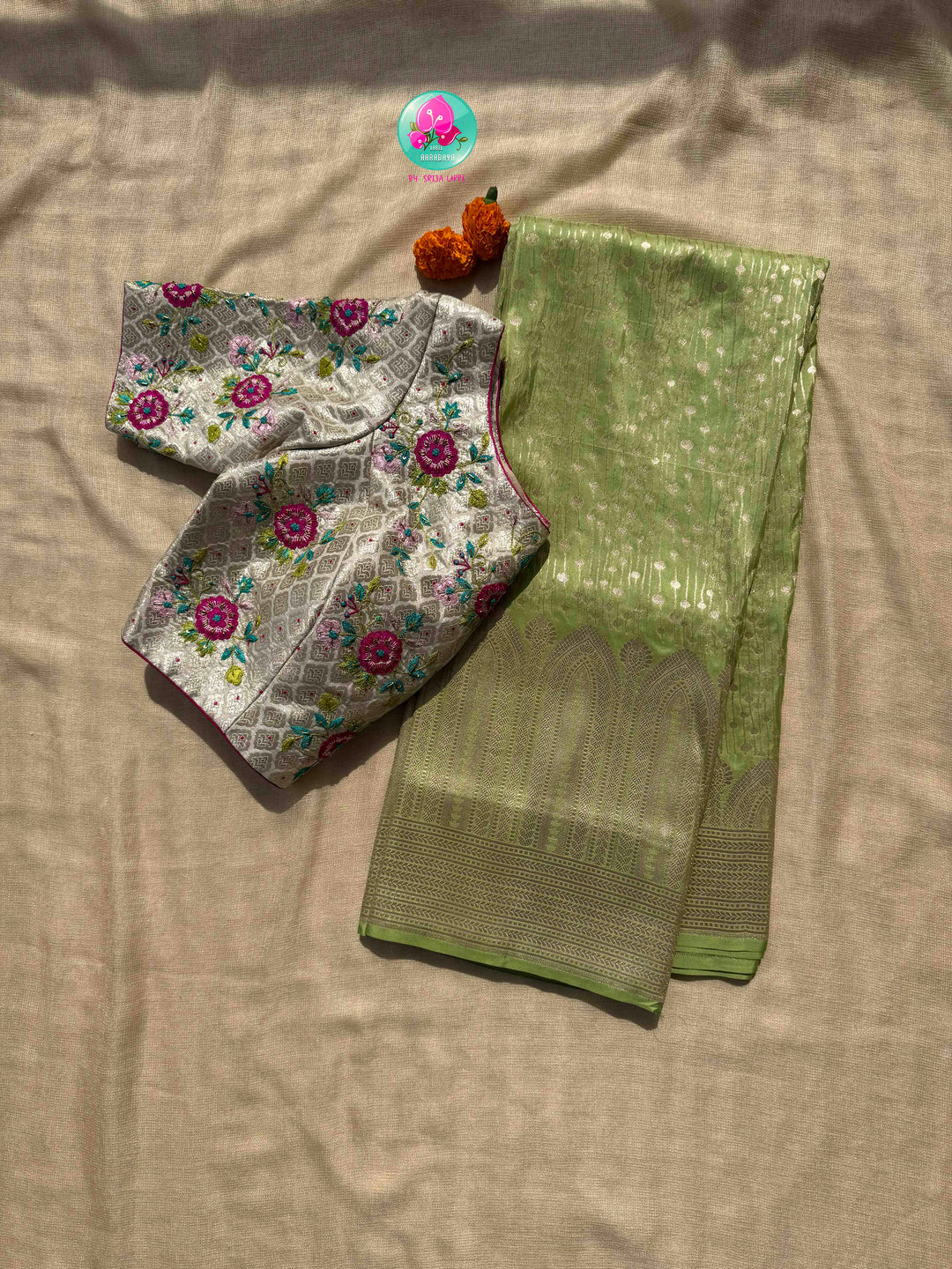 Luminous Pastel Brocade: Pista Green All-Over Woven Banarasi Silk Saree with Silver Brocade Statement Floral Embroidered Blouse