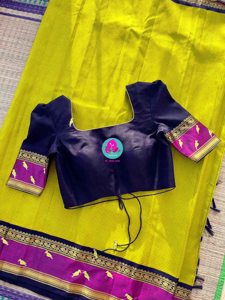 Hand embroidered handloom saree in pure Kanchipattu yellow checks with blouse