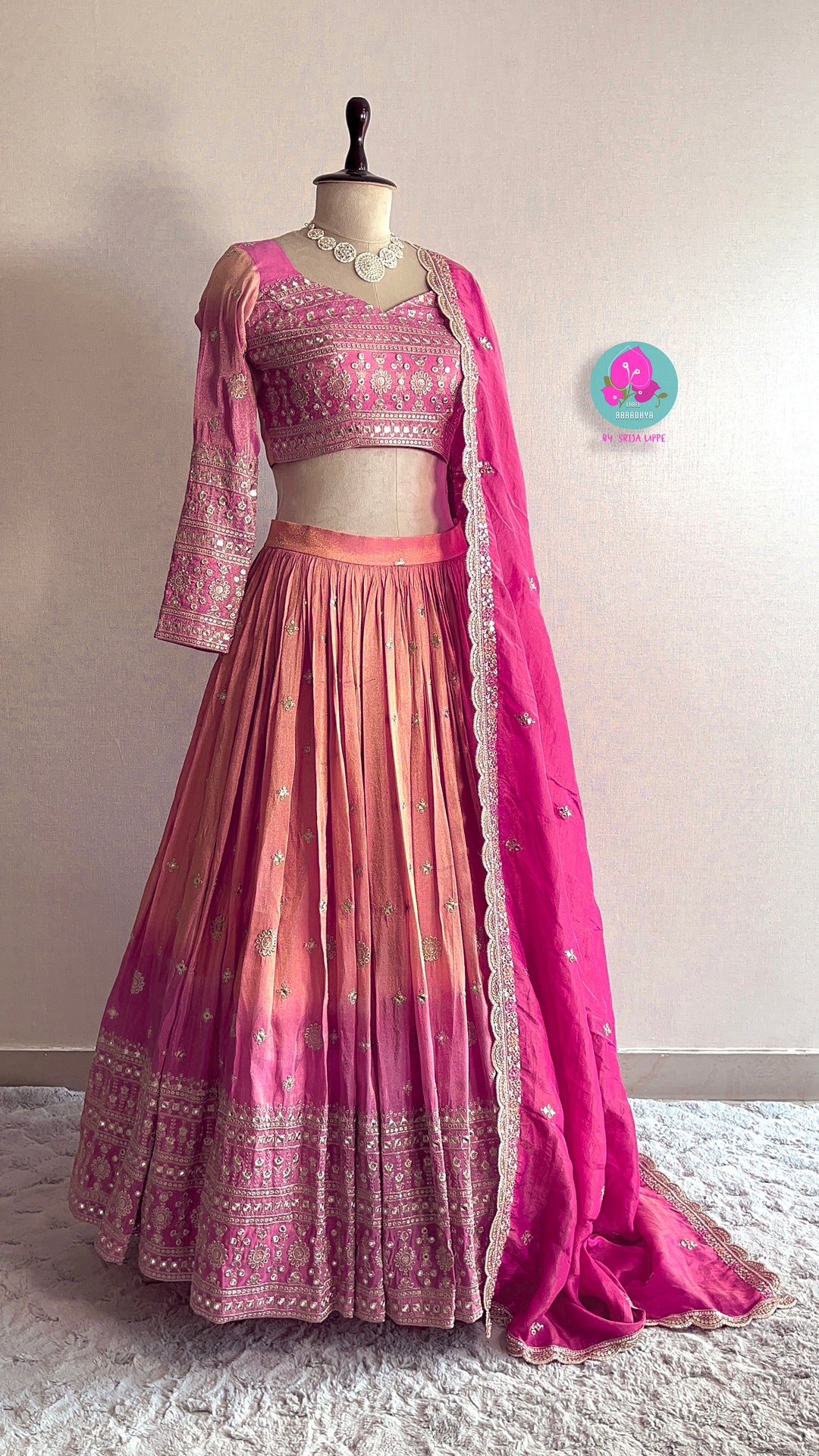 Peach & Pink mirror embroidered tissue georgette lehenga set
