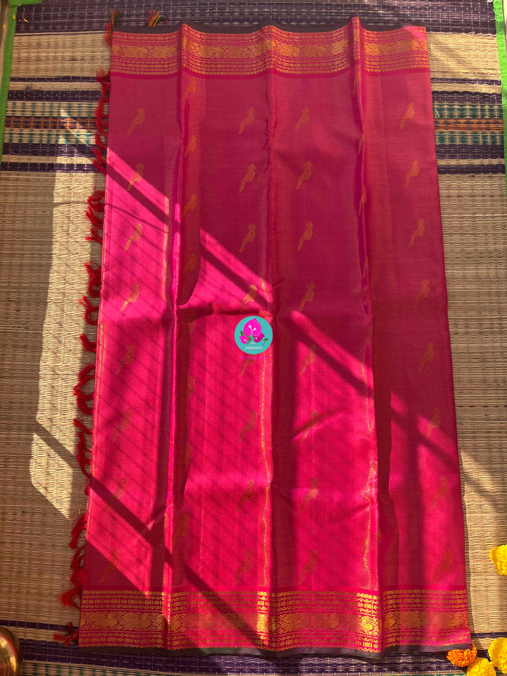 Natu Gulabi Radiance: Vaira Oosi Kanchipattu Saree with Hand-Embroidered Bird Motif Blouse