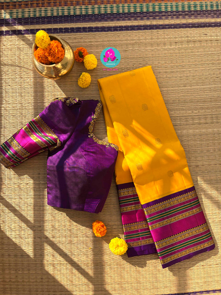 2G Zari Pure Kanchipuram saree with Yellow paired with hand embroidered contrast blouse