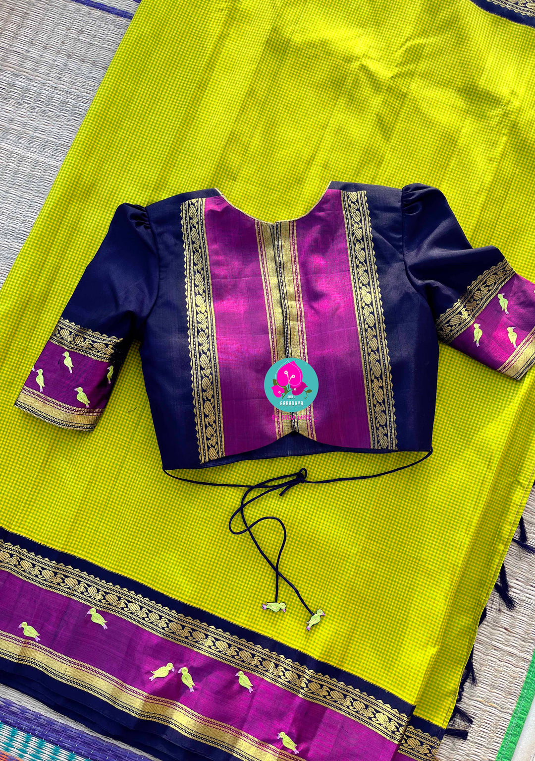 Hand embroidered handloom saree in pure Kanchipattu yellow checks with blouse