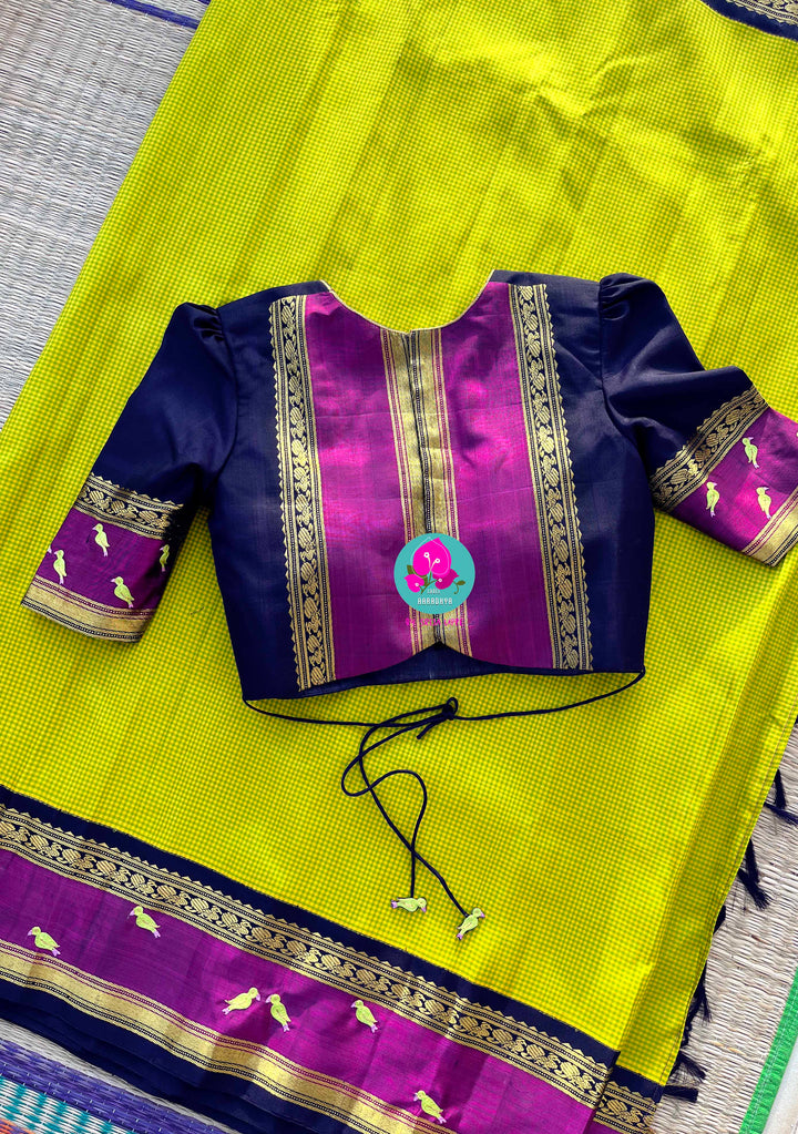 Hand embroidered handloom saree in pure Kanchipattu yellow checks with blouse