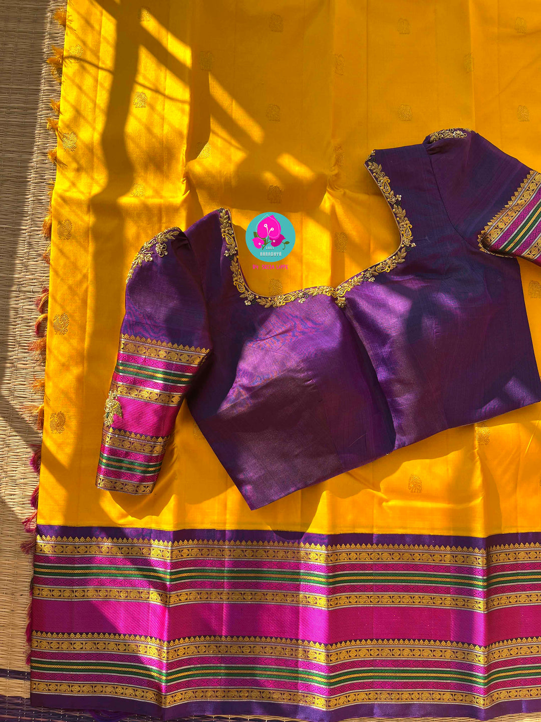 2G Zari Pure Kanchipuram saree with Yellow paired with hand embroidered contrast blouse