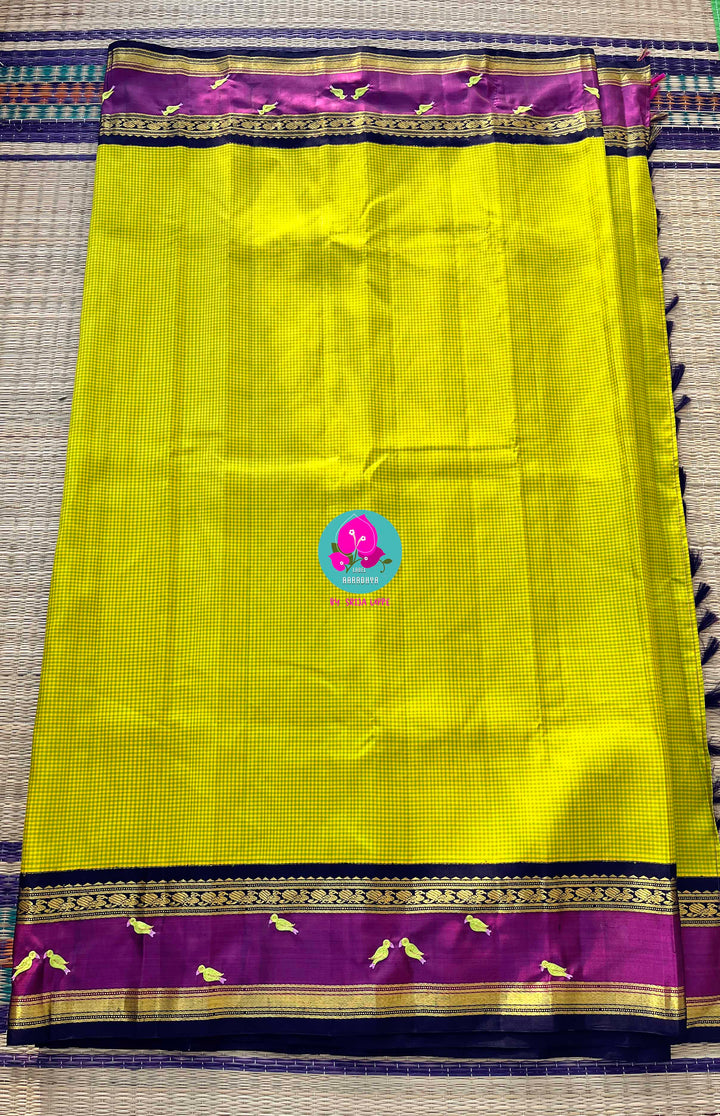 Hand embroidered handloom saree in pure Kanchipattu yellow checks with blouse