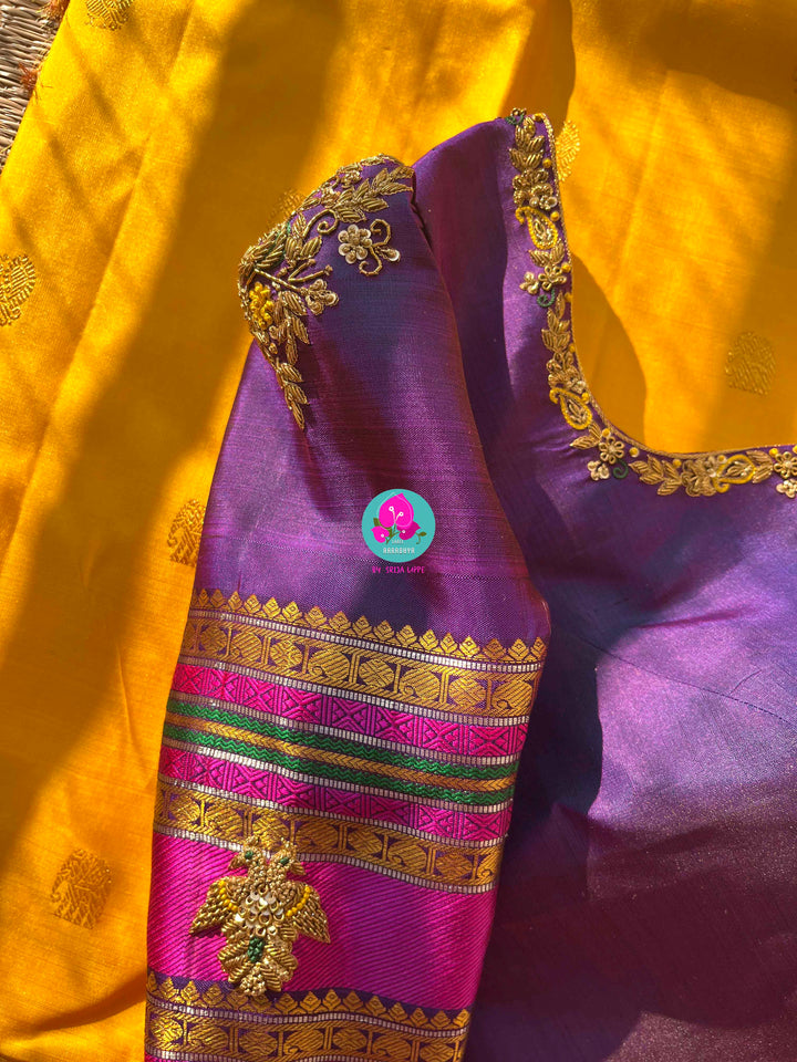 2G Zari Pure Kanchipuram saree with Yellow paired with hand embroidered contrast blouse