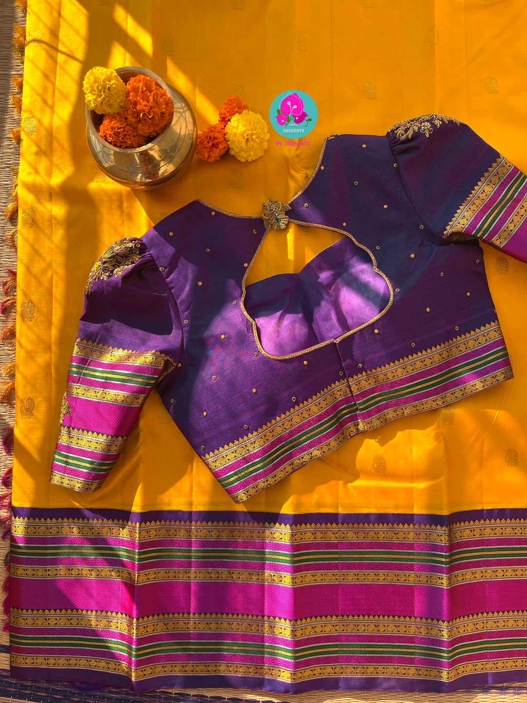 2G Zari Pure Kanchipuram saree with Yellow paired with hand embroidered contrast blouse