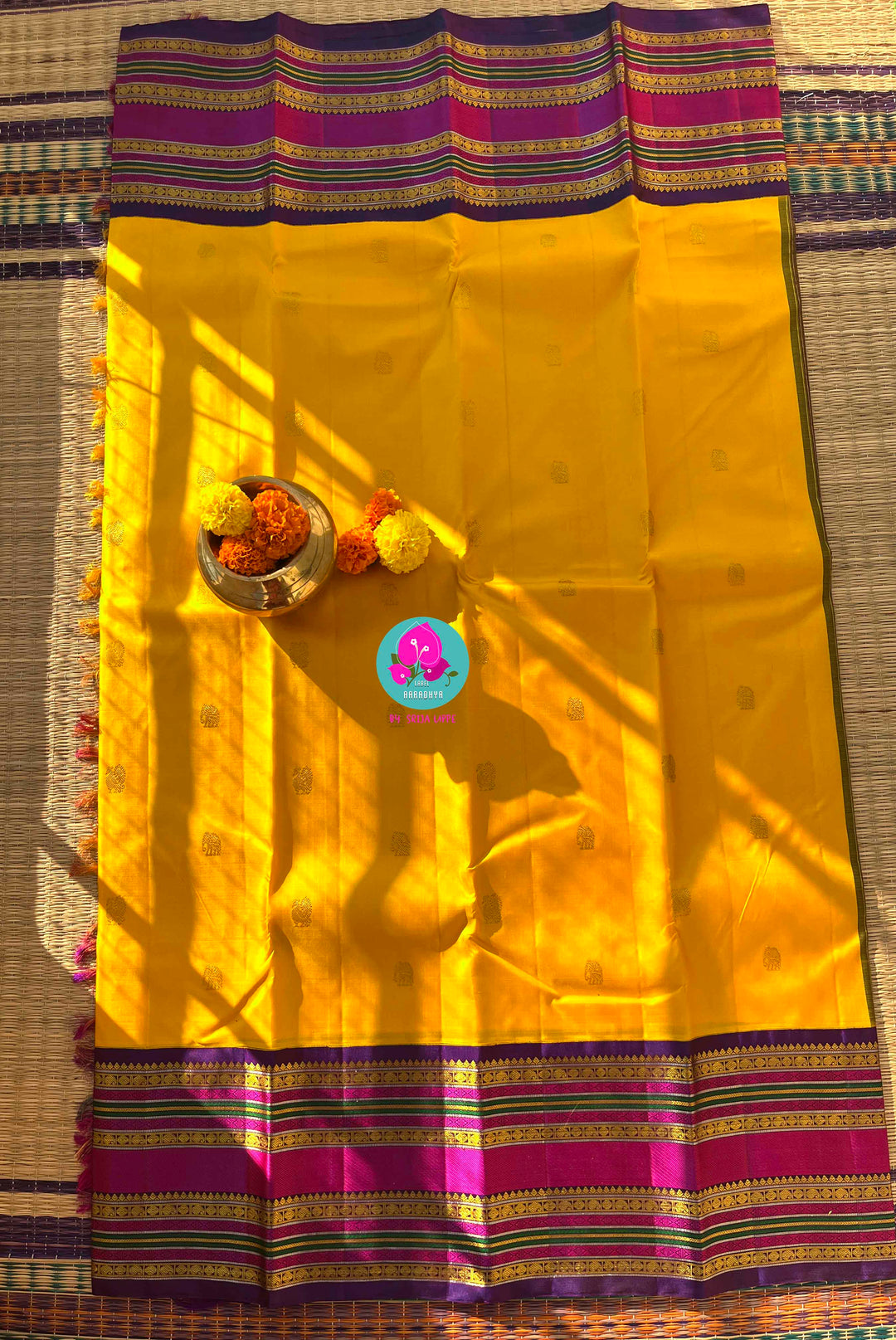 2G Zari Pure Kanchipuram saree with Yellow paired with hand embroidered contrast blouse