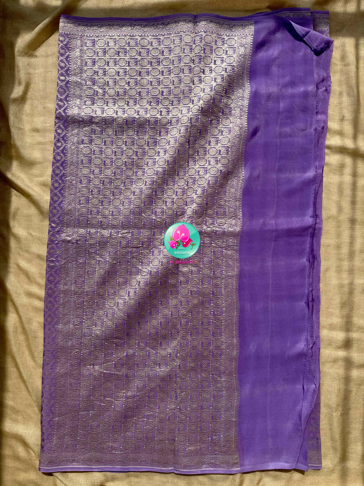 Moonlit Lavender Meadows: The Silver Nandhini Benarasi Georgette Saree