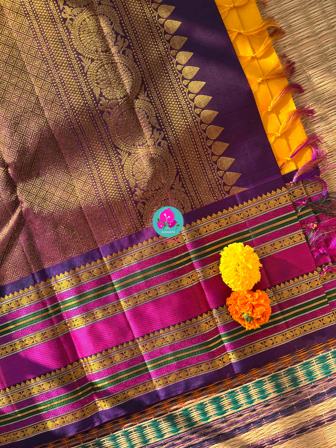 2G Zari Pure Kanchipuram saree with Yellow paired with hand embroidered contrast blouse