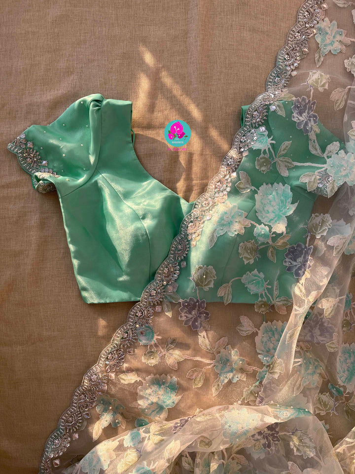 Brasso organza saree with hand embroidery paired with hand embroidered stitched blouse