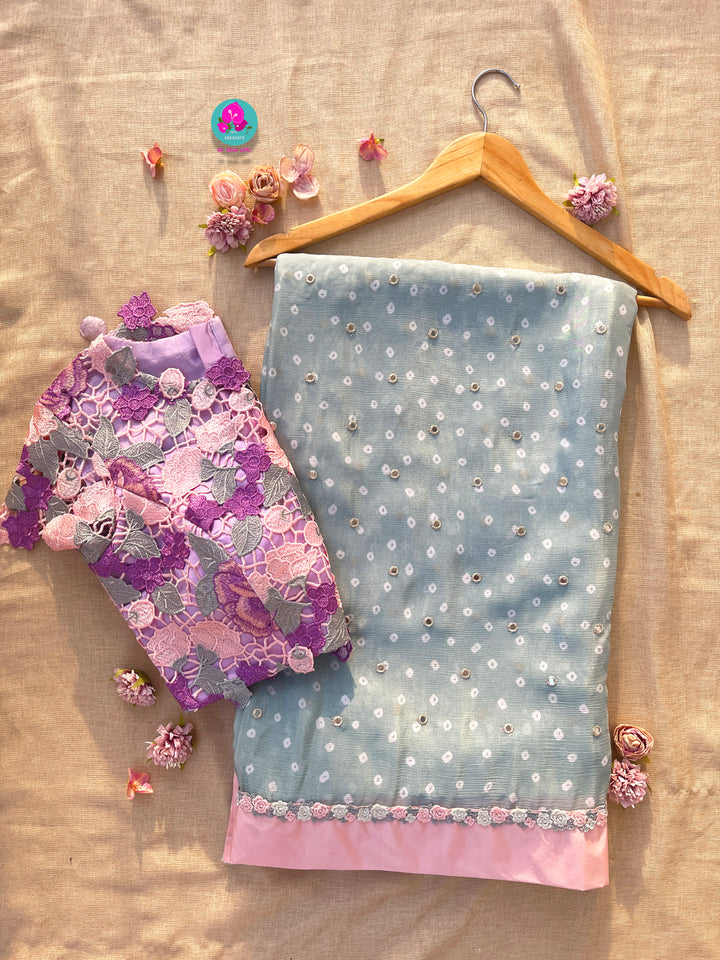 Pure Natural Crape Saree with Mirror Work and Rosy Floral border Paired with blouse