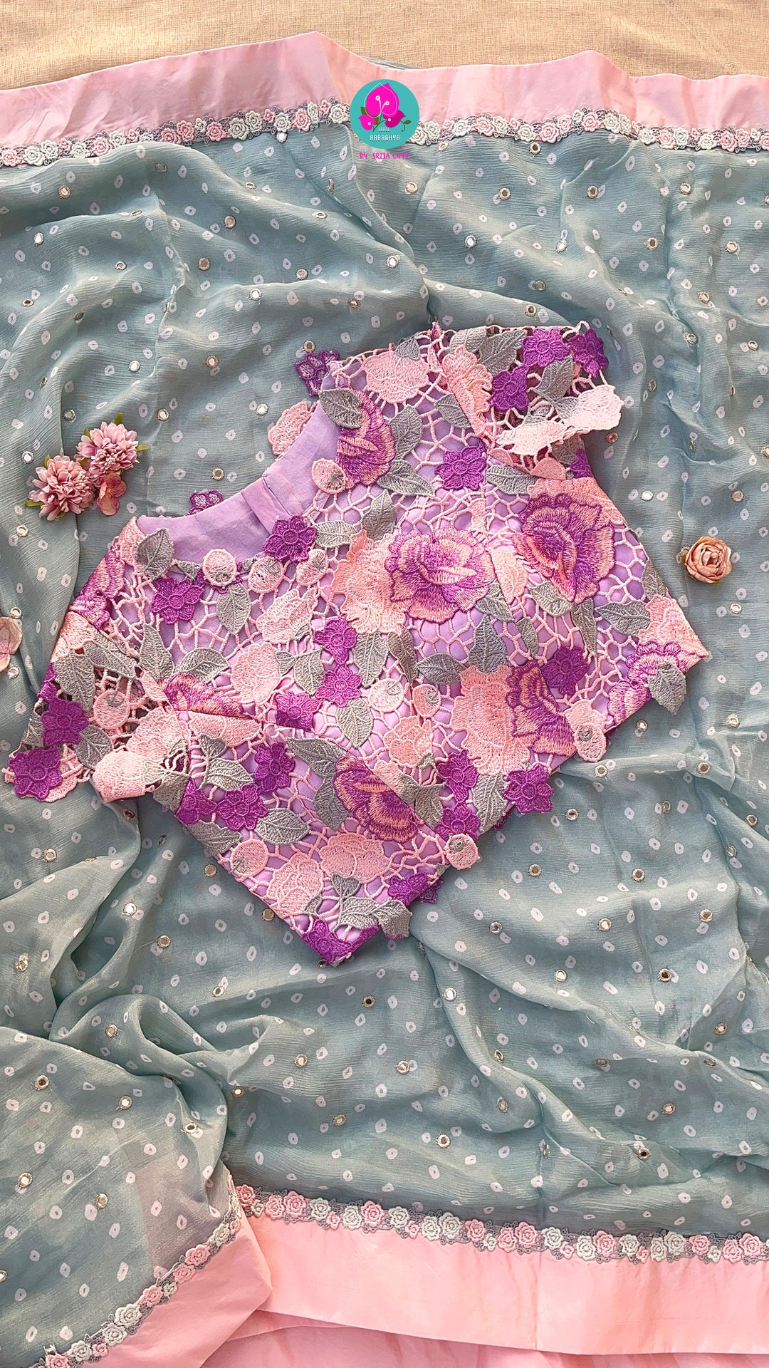 Pure Natural Crape Saree with Mirror Work and Rosy Floral border Paired with blouse