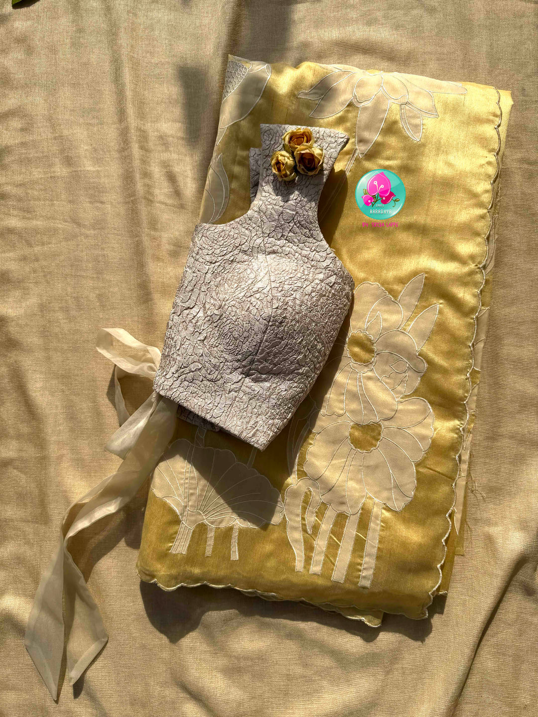 Artisanal Botanical Elegance: Sunshine Yellow Tussar Silk Saree with Off-White Floral Appliqué & Rose-Embossed Statement Blouse