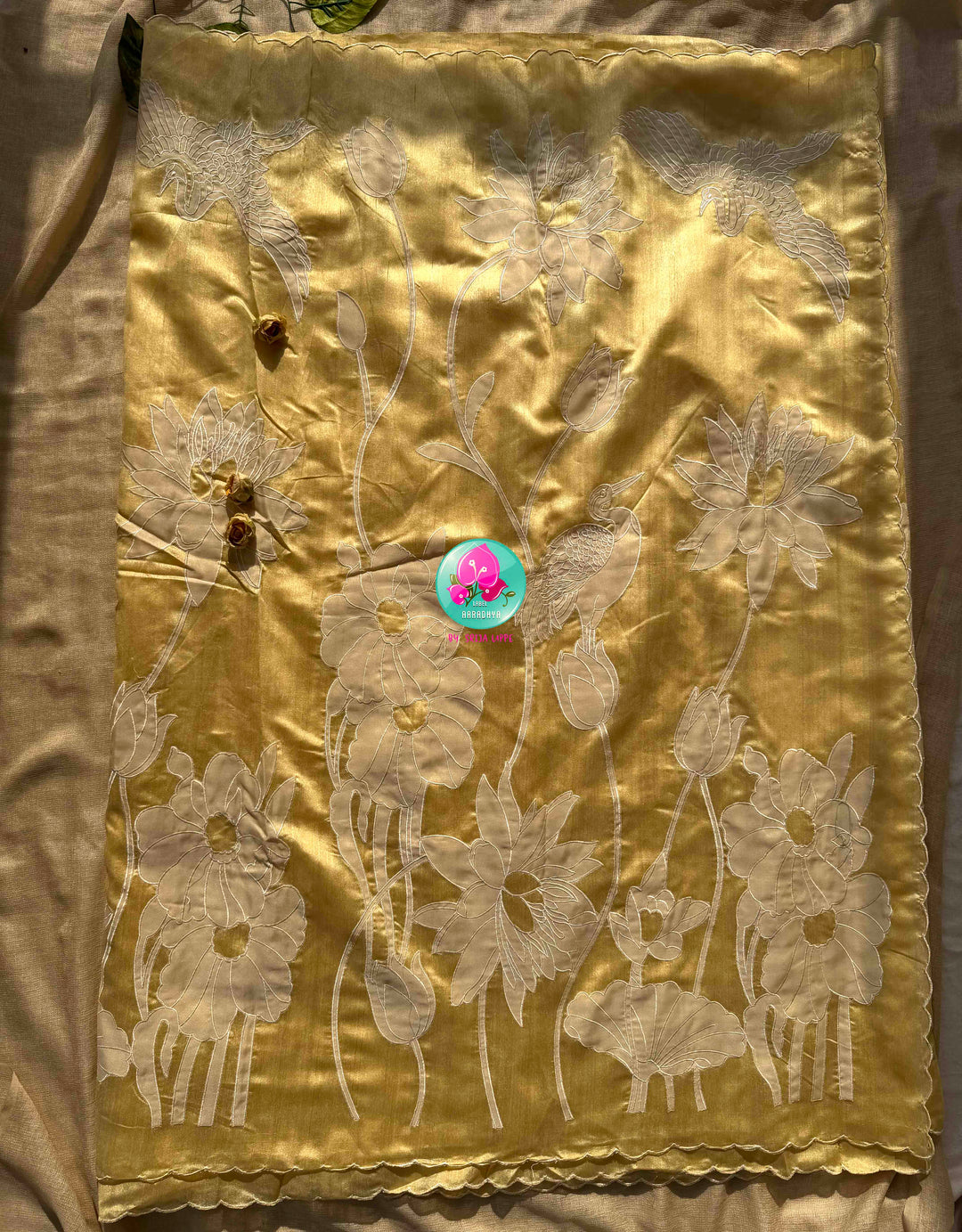 Artisanal Botanical Elegance: Sunshine Yellow Tussar Silk Saree with Off-White Floral Appliqué & Rose-Embossed Statement Blouse