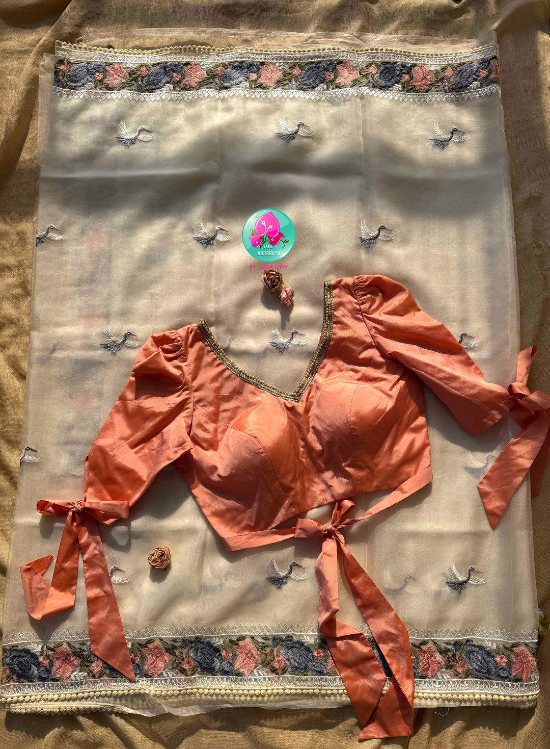 Tropical Serenade: The Off-White Flamingo Organza Saree