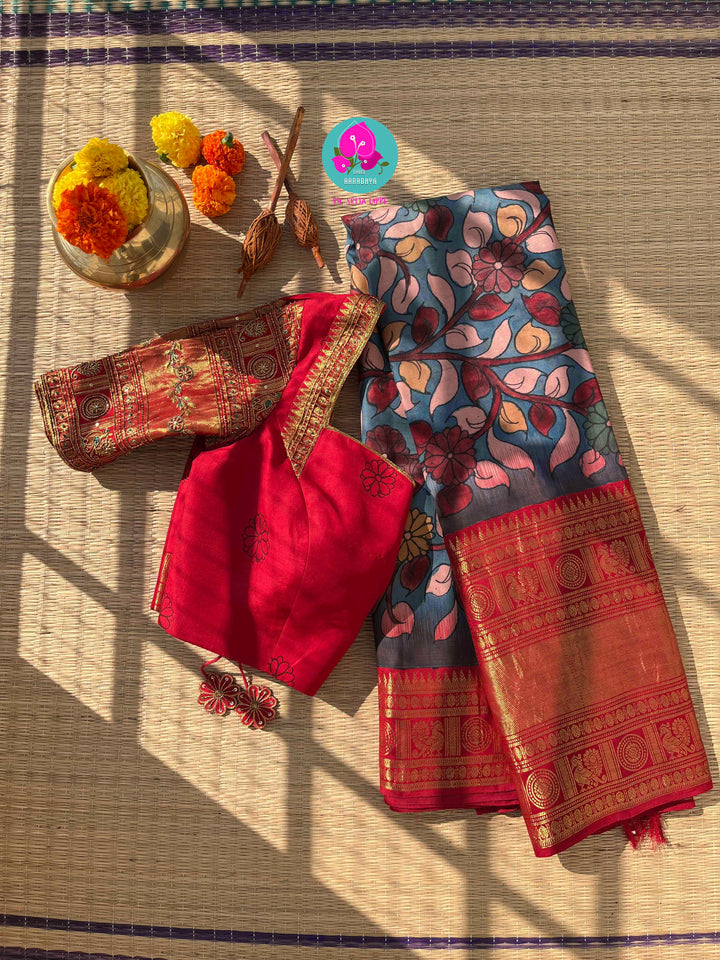 The Painted Epic: Pen Kalamkari & Kanchipattu Fusion Saree in Steel Blue and Crimson