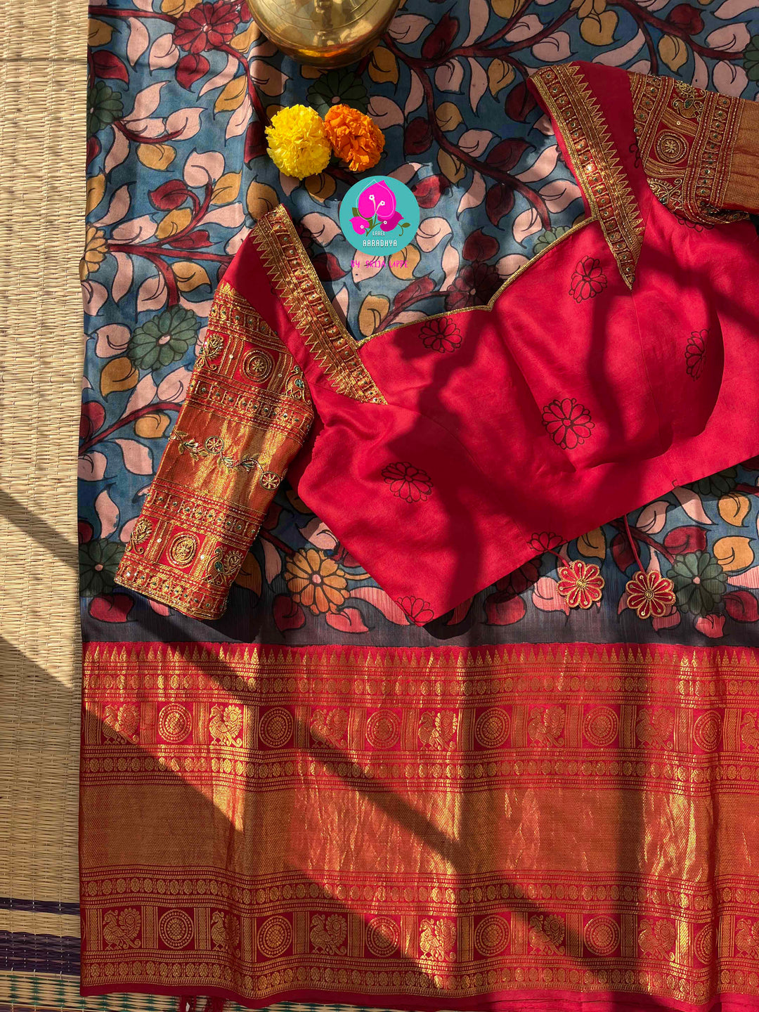 The Painted Epic: Pen Kalamkari & Kanchipattu Fusion Saree in Steel Blue and Crimson