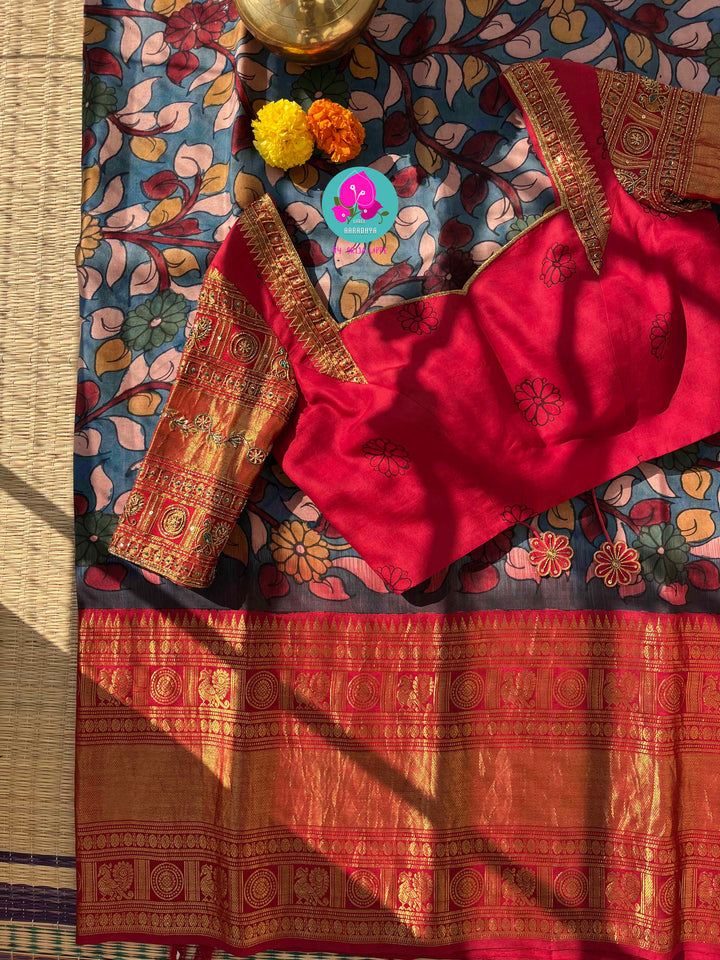 The Painted Epic: Pen Kalamkari & Kanchipattu Fusion Saree in Steel Blue and Crimson