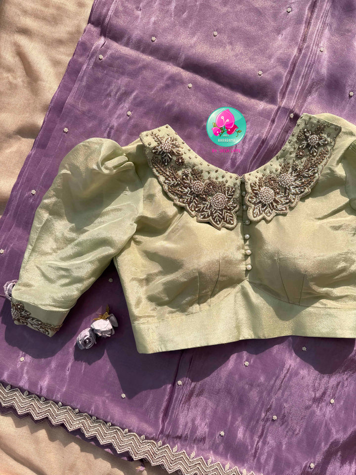 Lavender Whisper: The Soft Tissue Georgette & Vintage Mint Blouse Masterpiece