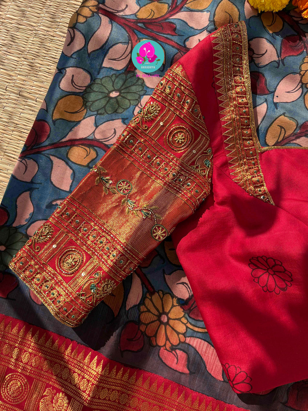 The Painted Epic: Pen Kalamkari & Kanchipattu Fusion Saree in Steel Blue and Crimson