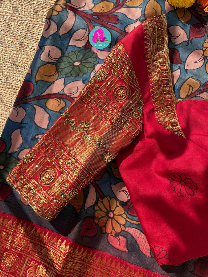 The Painted Epic: Pen Kalamkari & Kanchipattu Fusion Saree in Steel Blue and Crimson