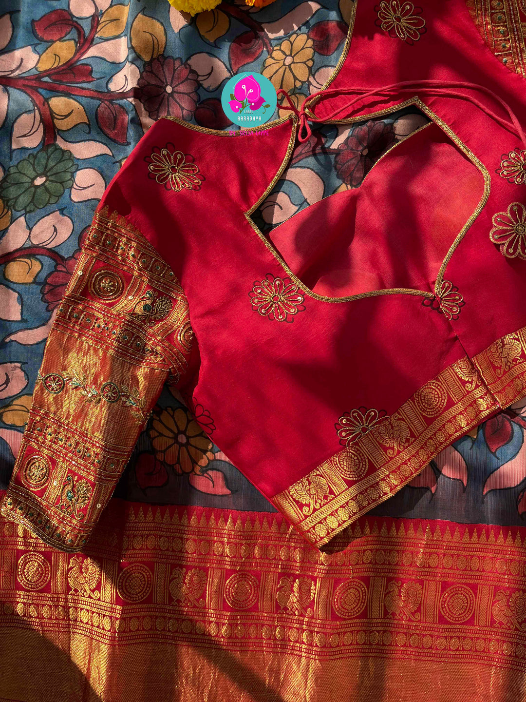 The Painted Epic: Pen Kalamkari & Kanchipattu Fusion Saree in Steel Blue and Crimson