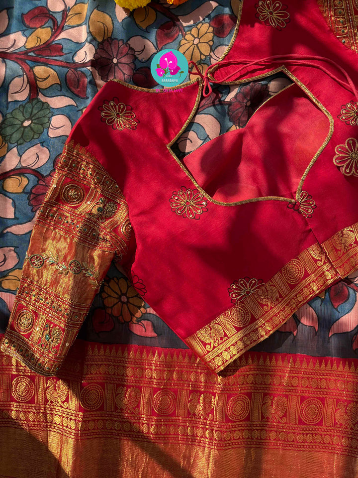 The Painted Epic: Pen Kalamkari & Kanchipattu Fusion Saree in Steel Blue and Crimson