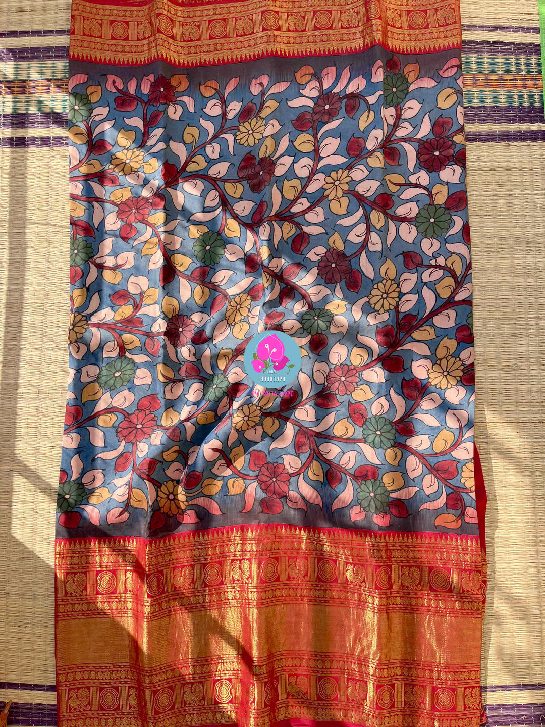 The Painted Epic: Pen Kalamkari & Kanchipattu Fusion Saree in Steel Blue and Crimson