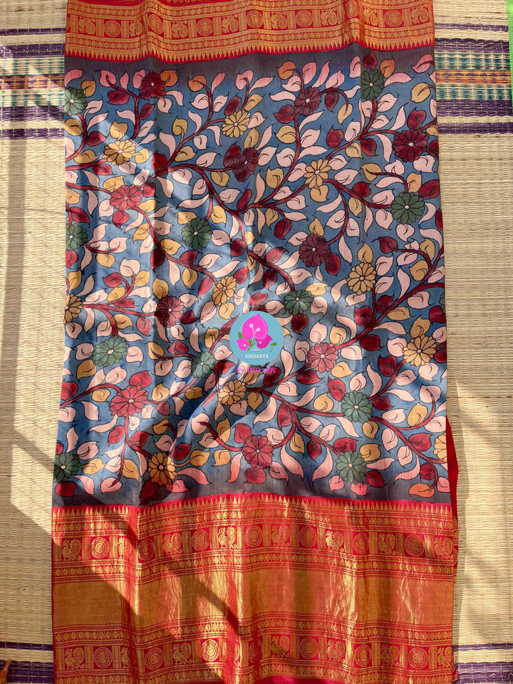 The Painted Epic: Pen Kalamkari & Kanchipattu Fusion Saree in Steel Blue and Crimson