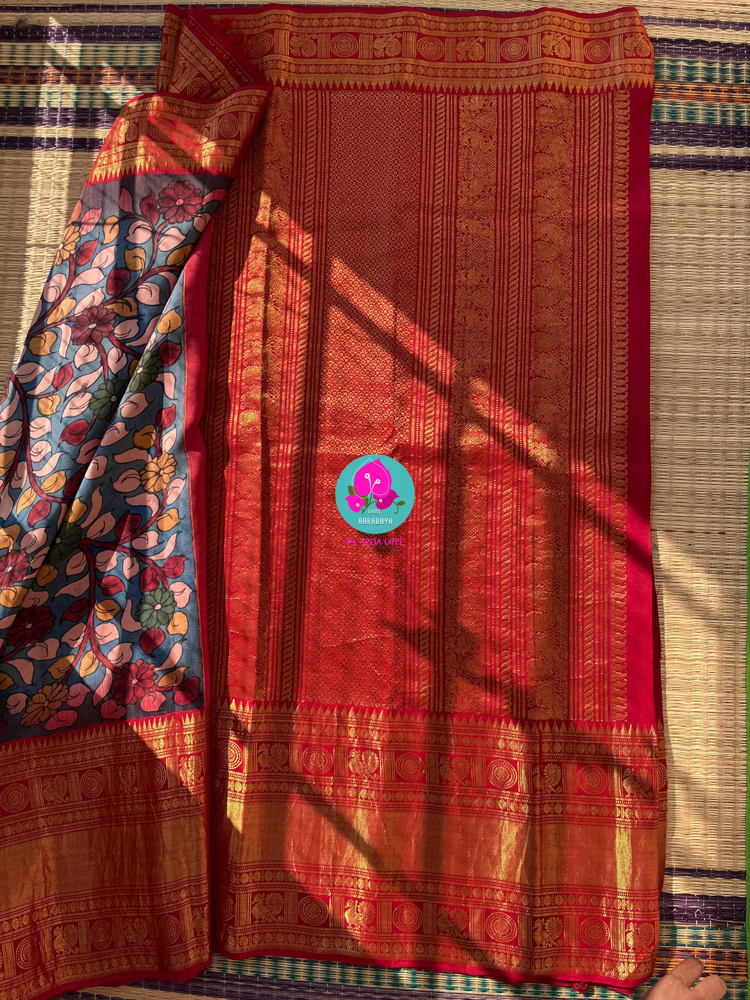 The Painted Epic: Pen Kalamkari & Kanchipattu Fusion Saree in Steel Blue and Crimson