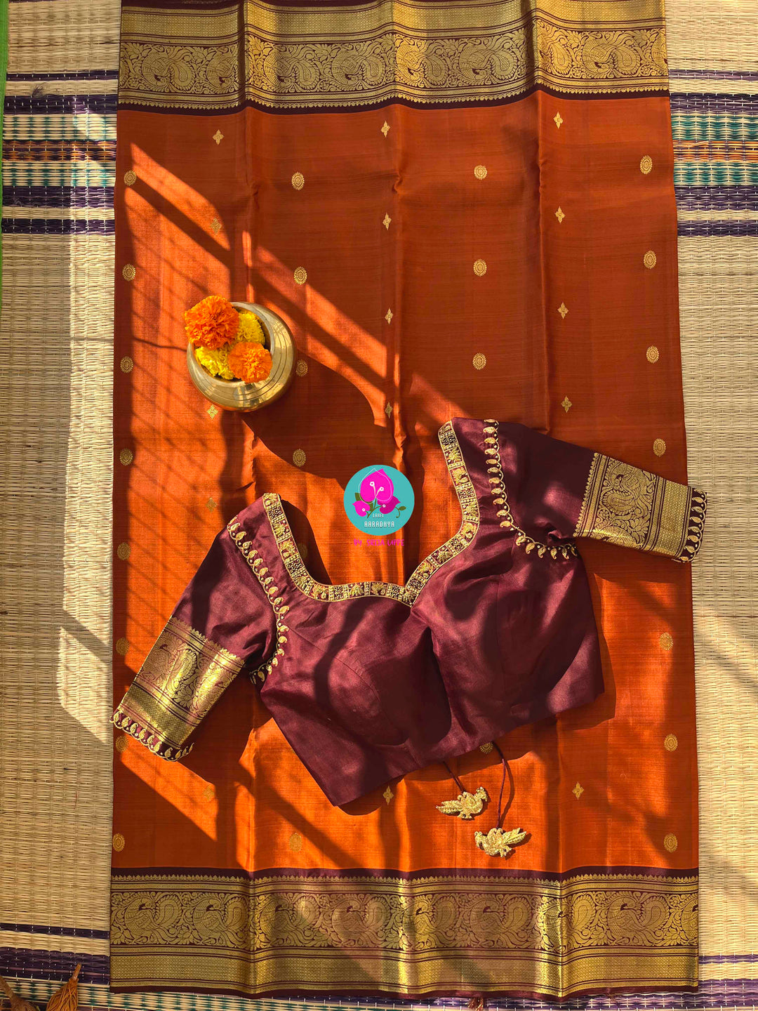 Pure Kanchipattu saree in vintage rust orange and brown border with hand embroidered blouse