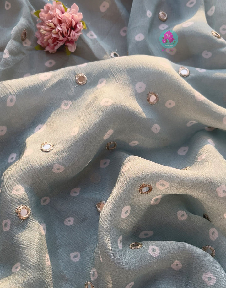 Pure Natural Crape Saree with Mirror Work and Rosy Floral border Paired with blouse