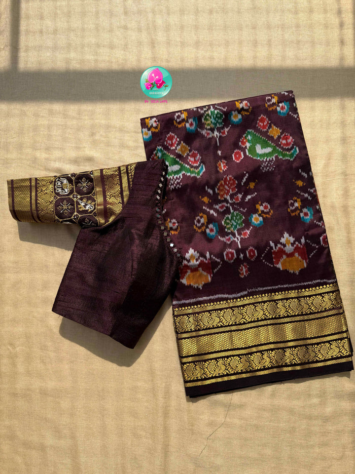 The Espresso Sonata: Pure Ikat Silk with Kanchi Border Grandeur