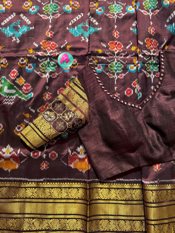 The Espresso Sonata: Pure Ikat Silk with Kanchi Border Grandeur