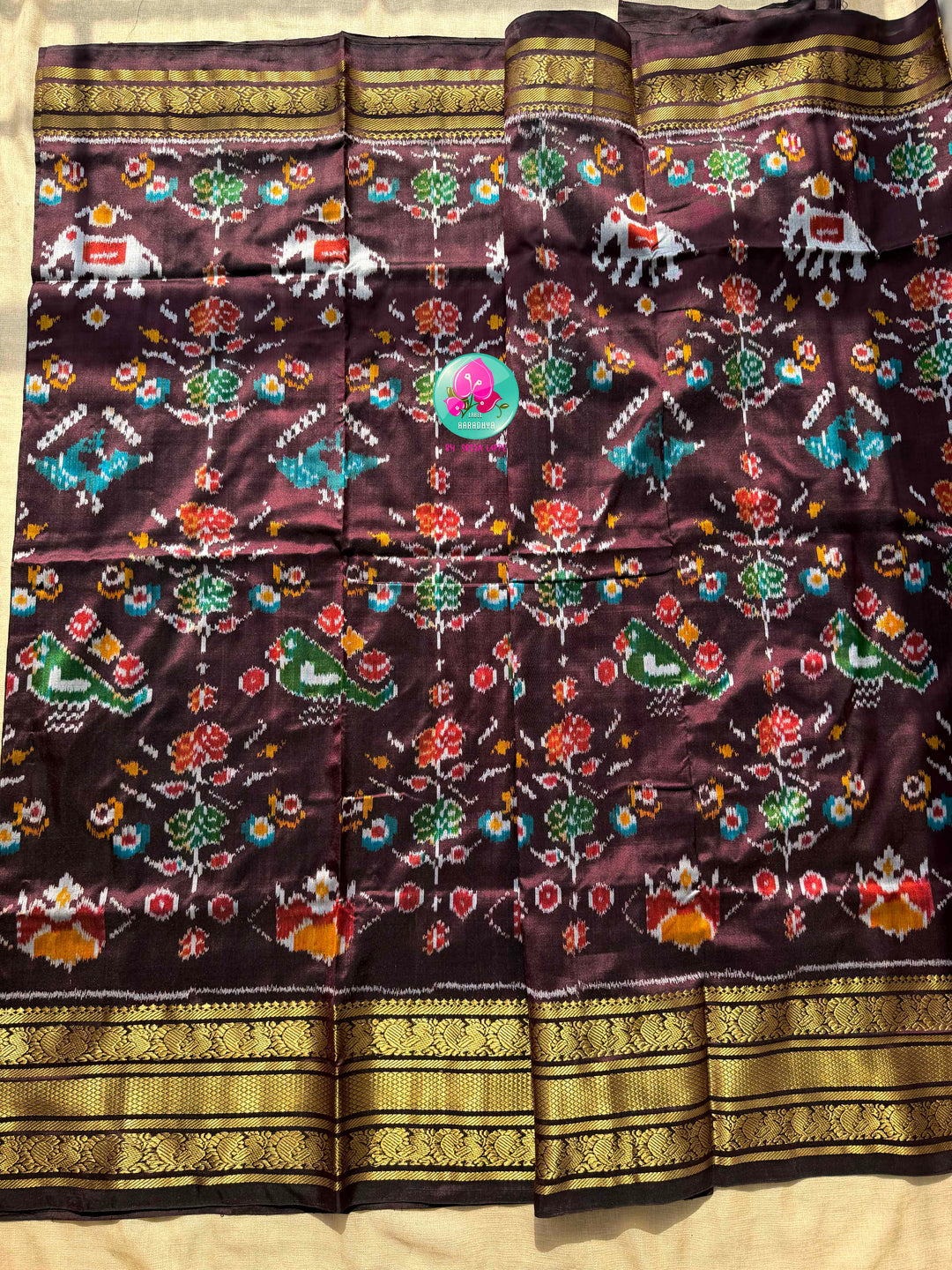 The Espresso Sonata: Pure Ikat Silk with Kanchi Border Grandeur