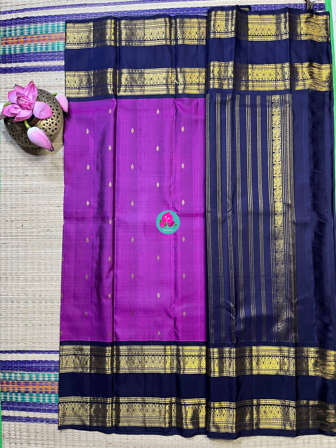 2G zari traditional gap border with luxurious magenta on body and navy blue pallu