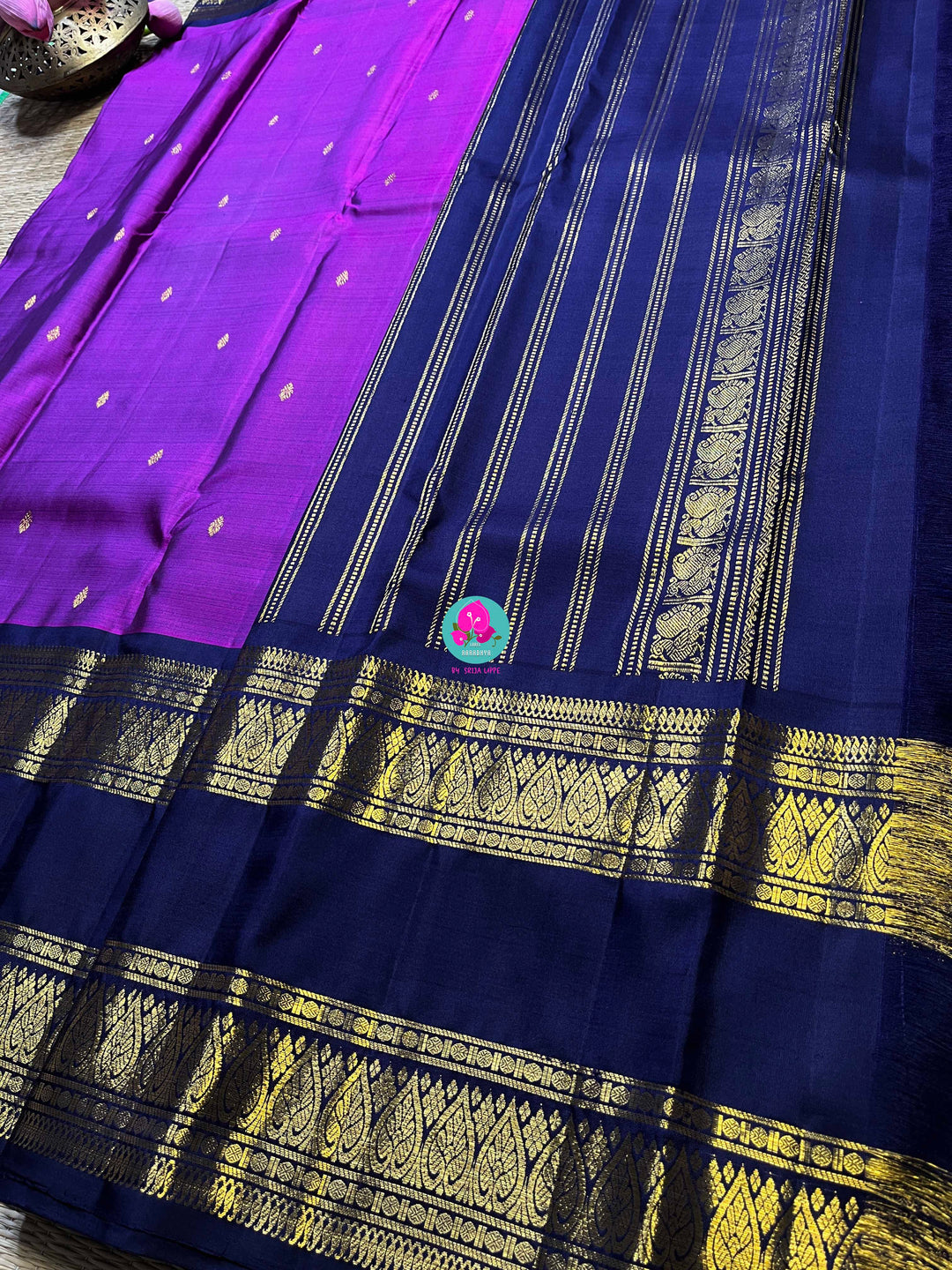2G zari traditional gap border with luxurious magenta on body and navy blue pallu