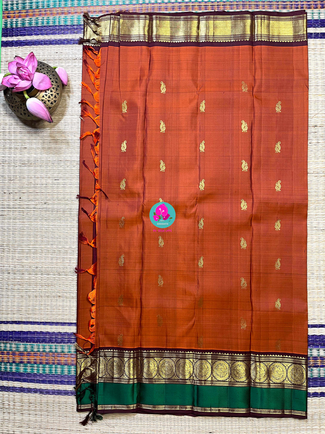 Kanchipattu handloom saree warm rust orange by a contrast border in sophisticated brown and a touch of vibrant green