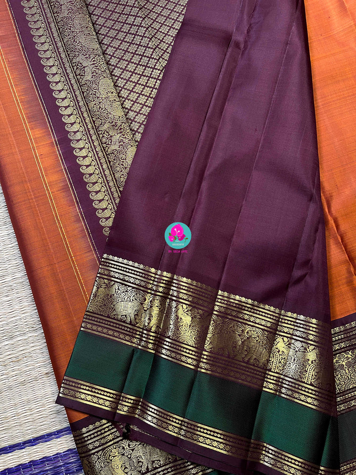 Kanchipattu handloom saree warm rust orange by a contrast border in sophisticated brown and a touch of vibrant green