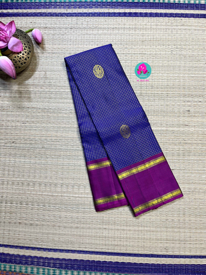 Pure Kanchipattu in Blue color checkered saree with magenta color combination