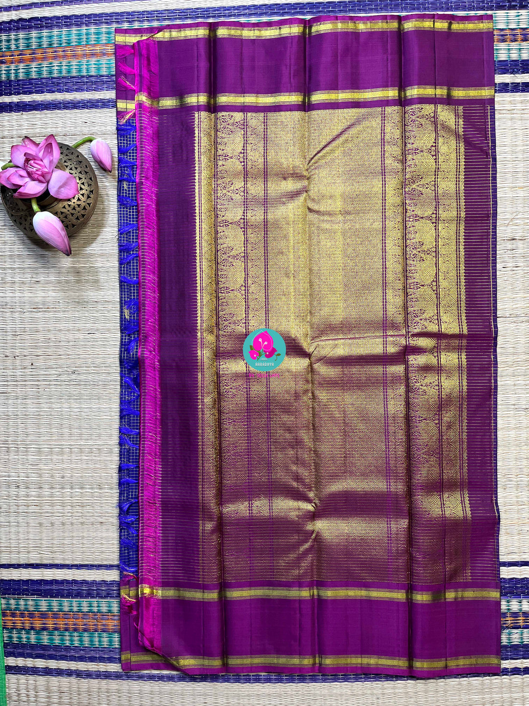 Pure Kanchipattu in Blue color checkered saree with magenta color combination