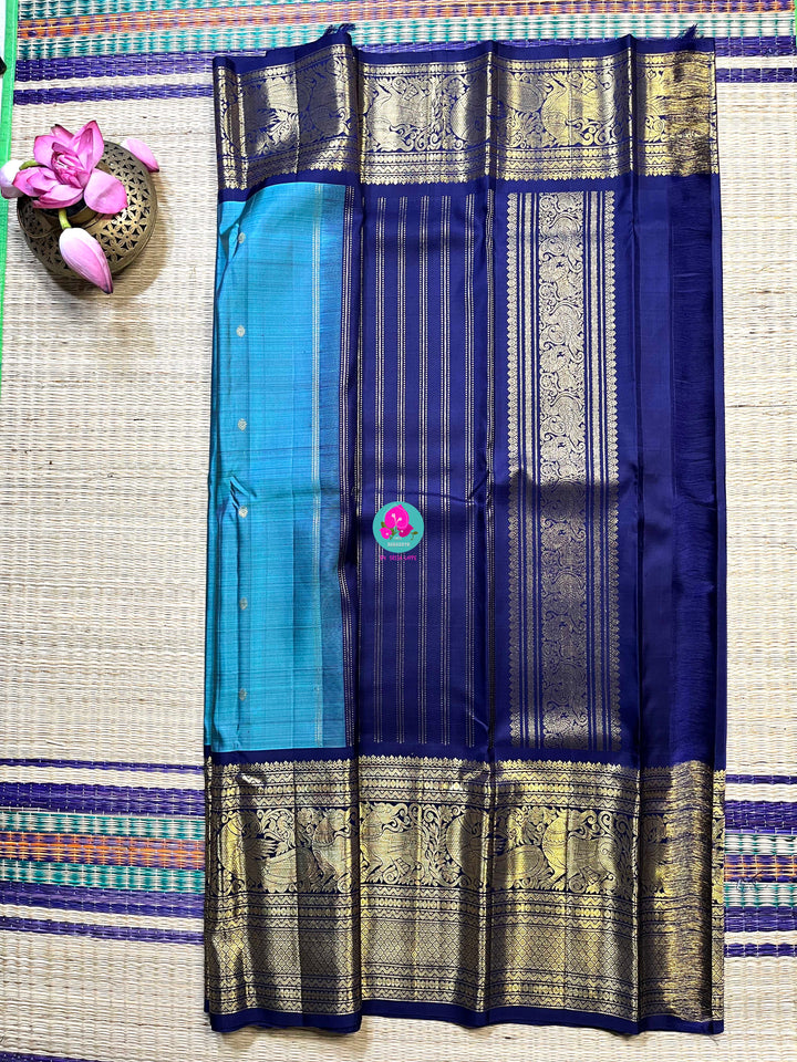 2g zari traditional big border Kanchipattu handloom saree in pastel blue with royal blue
