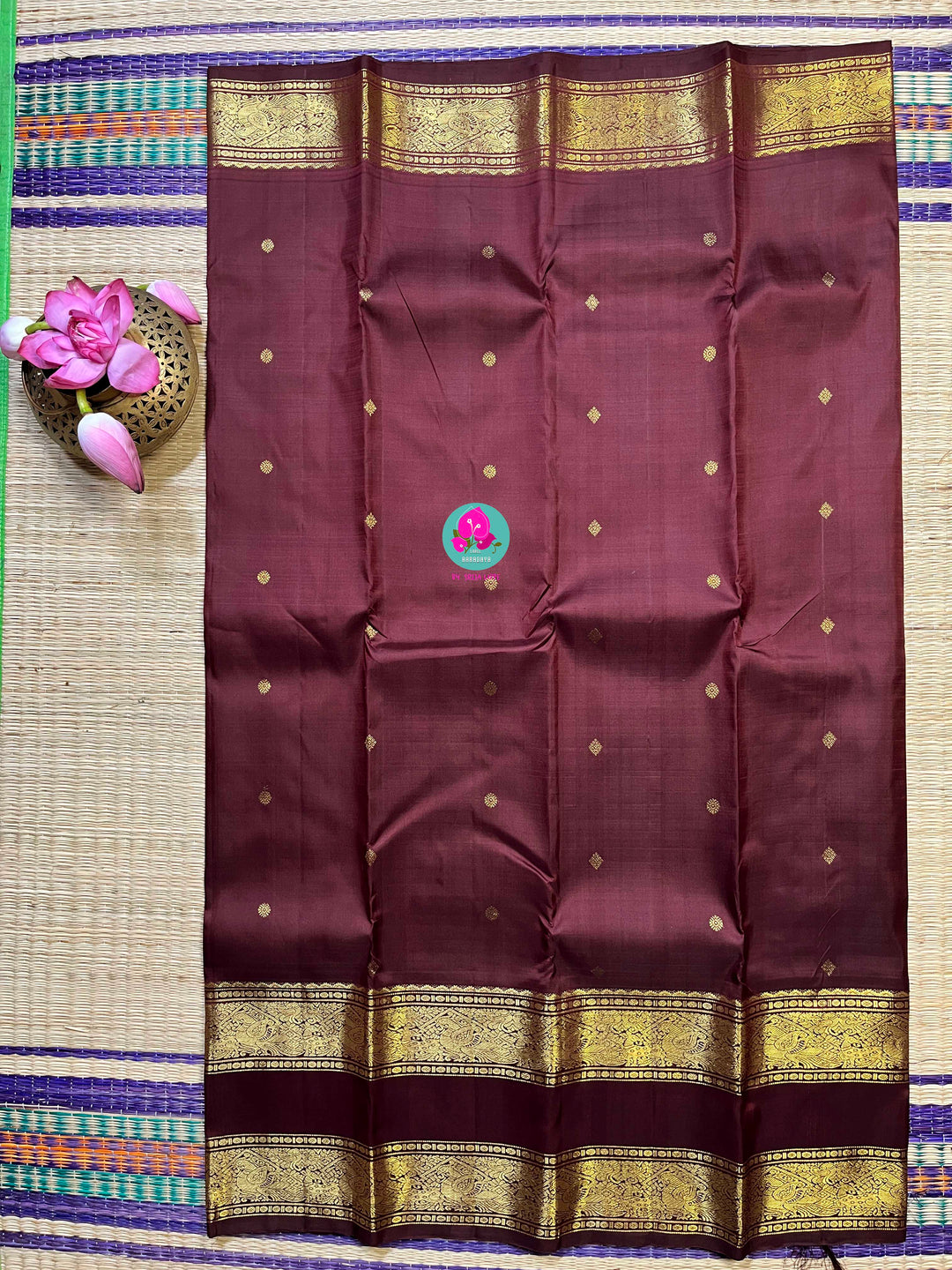 Kanchipuram 2g zari brown vintage saree with gap border