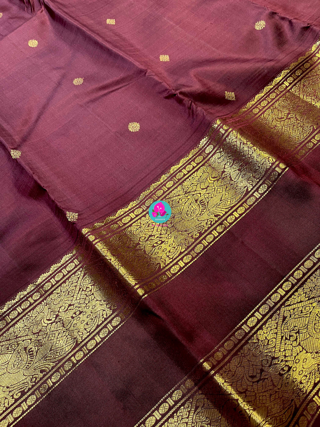 Kanchipuram 2g zari brown vintage saree with gap border