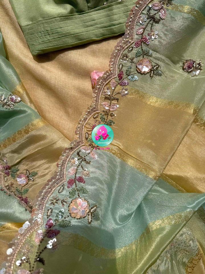 The Indigo Marigold: Pure Tissue Georgette Silk in Pastel Midnight Blue, Green & Luminous Tuscan Yellow