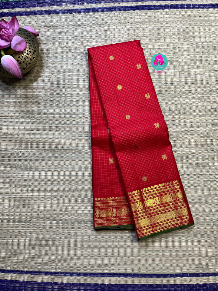 2g zari pure Kanchipattu traditional vaira oosi design on beautiful shade of red with peacock motifs