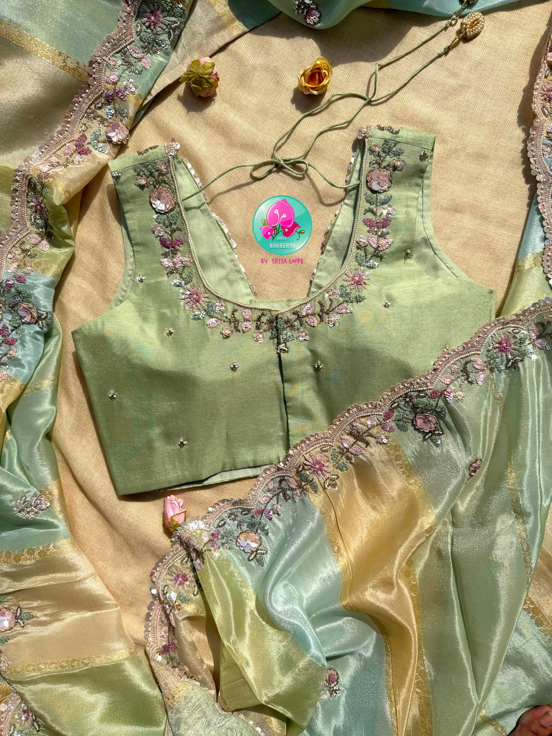 The Indigo Marigold: Pure Tissue Georgette Silk in Pastel Midnight Blue, Green & Luminous Tuscan Yellow